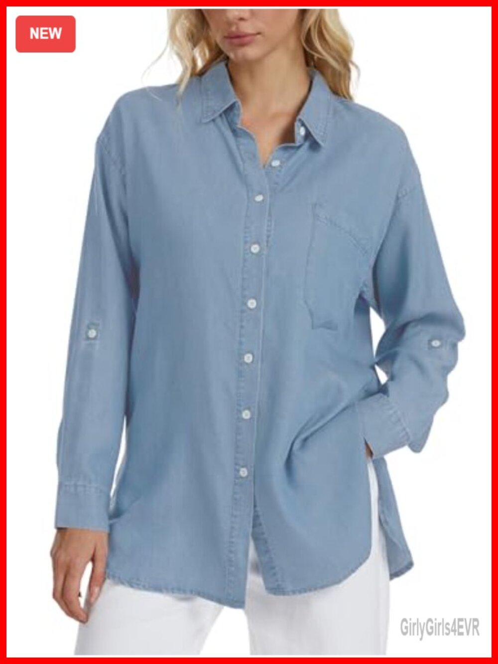 100% Lyocell Denim Button Down Shirt Relaxed Boyfriend Long Sleeve